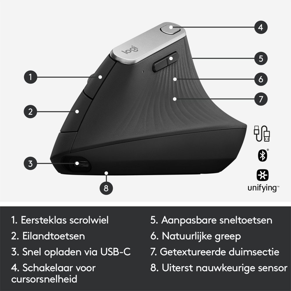 Logitech Logitech MX Vertical | Draadloze Ergonomische Muis | Rechtshandig | RF + Bluetooth + USB-C | 4000 DPI suggestie | Grafiet | RETURNED
