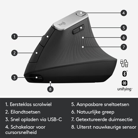 Logitech Logitech MX Vertical | Draadloze Ergonomische Muis | Rechtshandig | RF + Bluetooth + USB-C | 4000 DPI suggestie | Grafiet | RETURNED