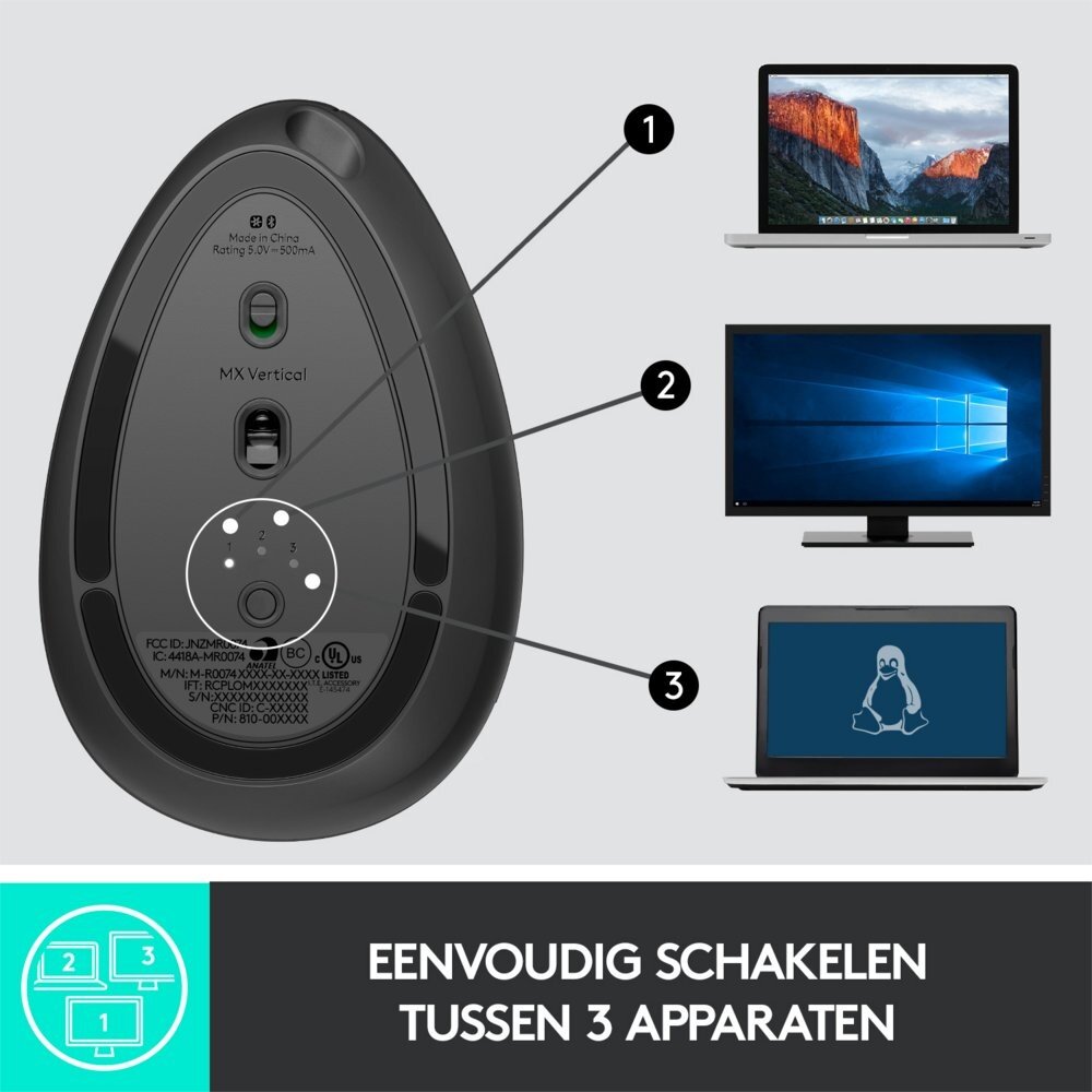 Logitech Logitech MX Vertical | Draadloze Ergonomische Muis | Rechtshandig | RF + Bluetooth + USB-C | 4000 DPI suggestie | Grafiet | RETURNED