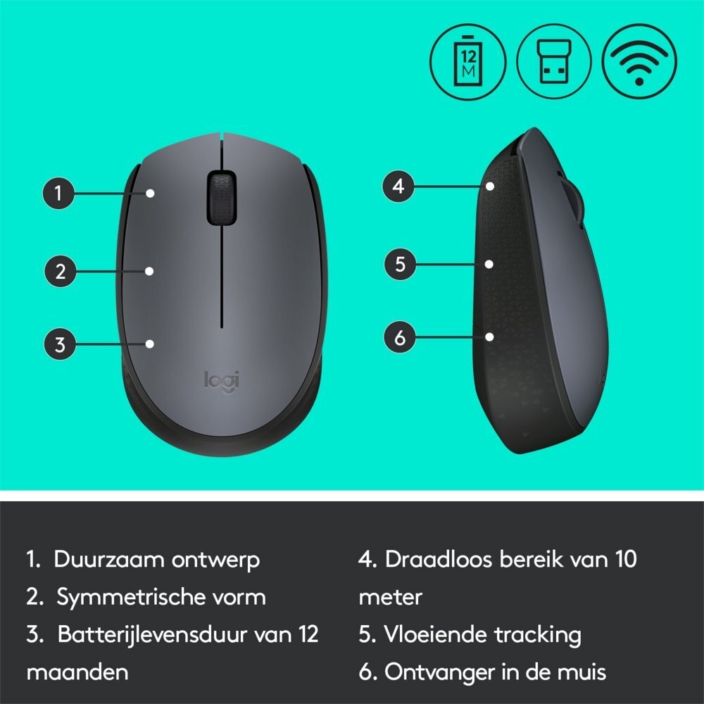 Logitech Logitech M170 | Draadloze Muis | Links- en Rechtshandig | RF | 1000 DPI | Grijs | OPEN BOX Logitech Logitech M170 | Draadloze Muis | Links- en Rechtshandig | RF | 1000 DPI | Grijs | OPEN BOX