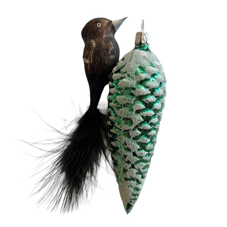 Christmas Ornament Woodpecker on Green Cone