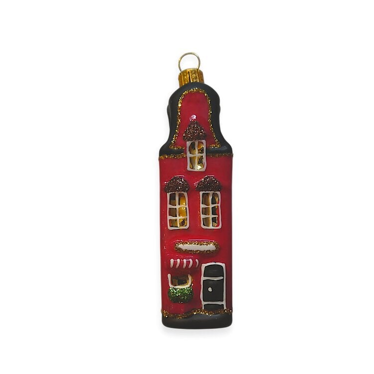 Kerstbal Klein Huisje Roze Zwart Dak