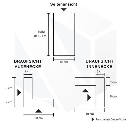 Fassadenplatte außen Eckstück - Belgischer Blaustein - leicht geschliffen - 10/10x2 cm - Fassadenverkleidung / Giebelverkleidung Eckteil (Innenecke & Außenecke) - Naturstein - Höhe nach Maß