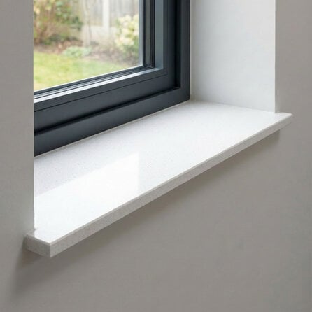 Fensterbank innen - Marmorkomposit poliert - Bianco weiß - 2 cm stark - Innenfensterbänke (Fenstersims) Kunststein / Komposit - Agglo Marmor / Gussmarmor - Nach Maß