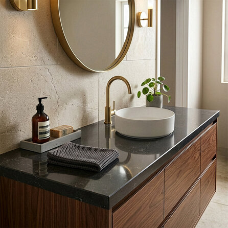 Waschtischplatte - Quarz-Komposit poliert - Marmor Optik Grau - 2 cm stark - Kunststein Platte für Aufsatzwaschbecken - Quarz Komposit / Verbund - Nach Maß