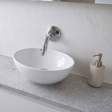 Wastafelblad kwartscomposiet - Natuursteen look grijs - gepolijst - 2 cm dik - OP MAAT - Tablet / blad voor opzet wasbak / waskom - Quarts (Quartz) composiet - Grijze natuursteen optiek