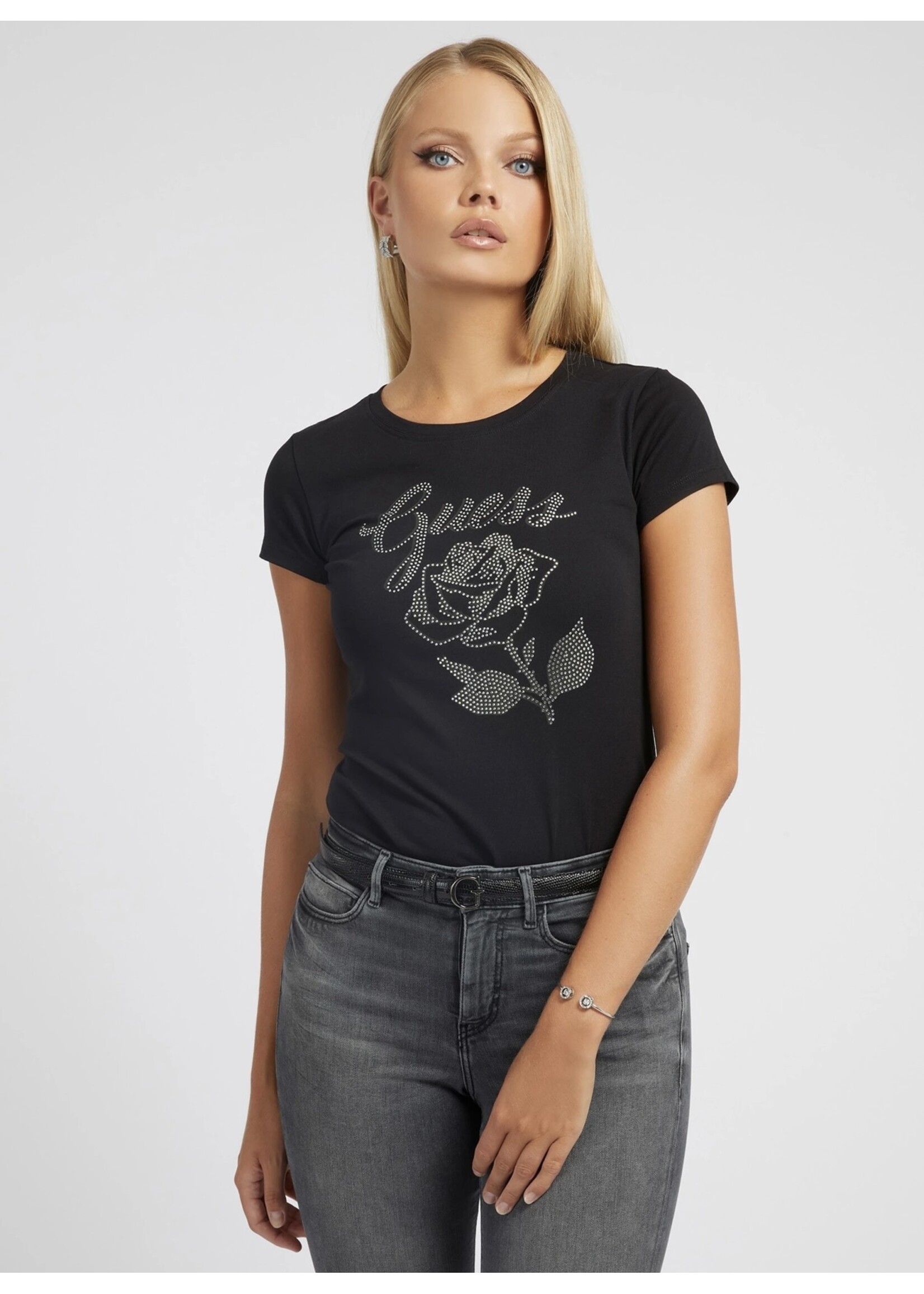 GUESS LADY T-Shirt Rose Logo Jet Black