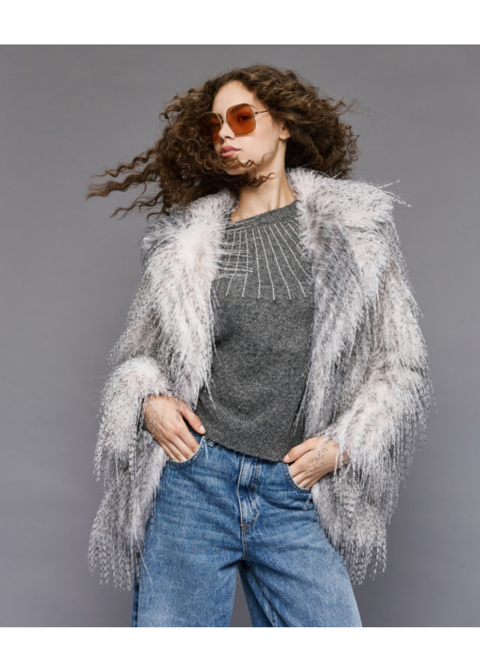 ACCESS ABEE LONG HAIR FAUX FUR COAT GREY  54-9105