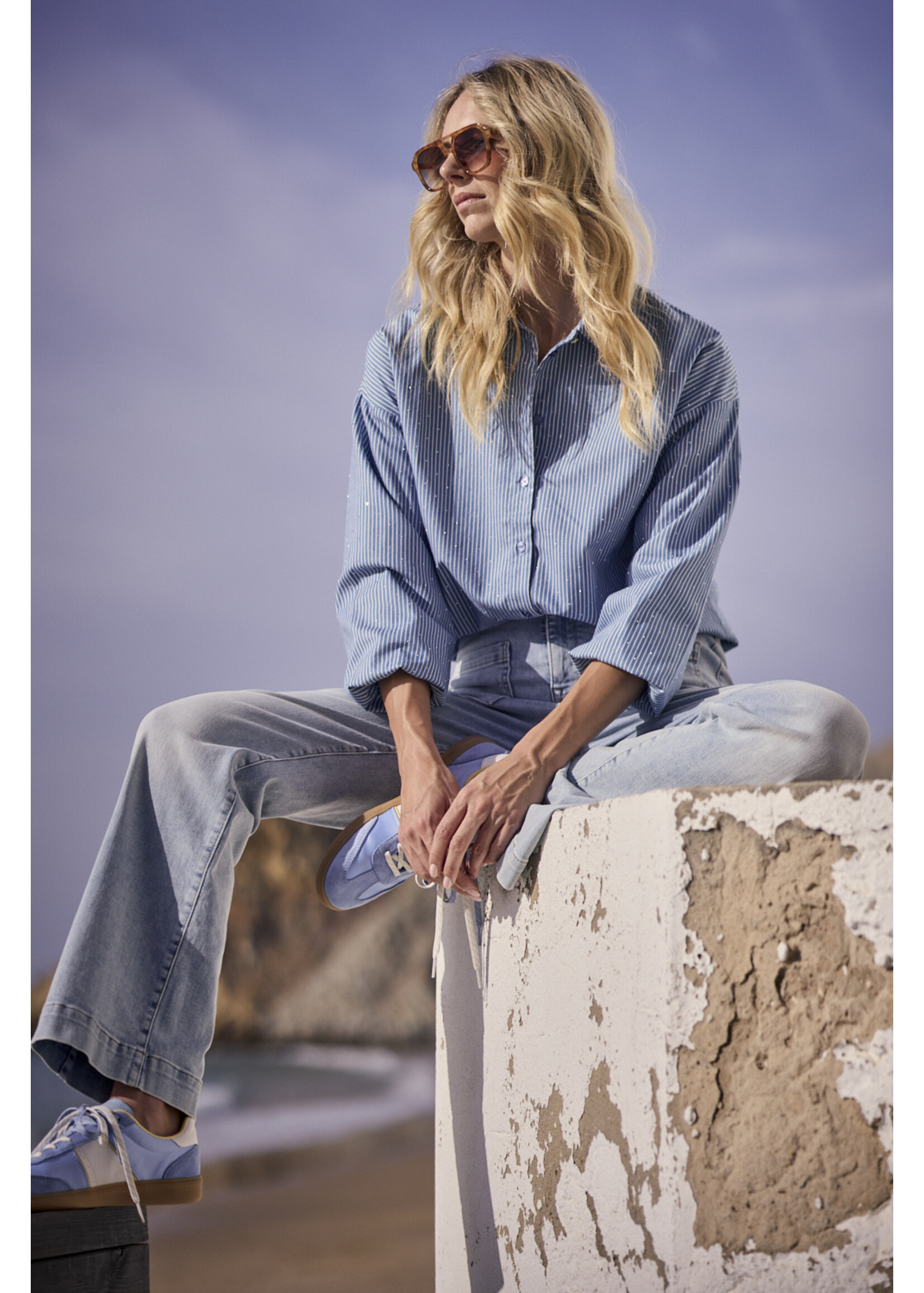 Tramontana STRIPED BLOUSE RHINESTONES MID BLUE C02-19-301