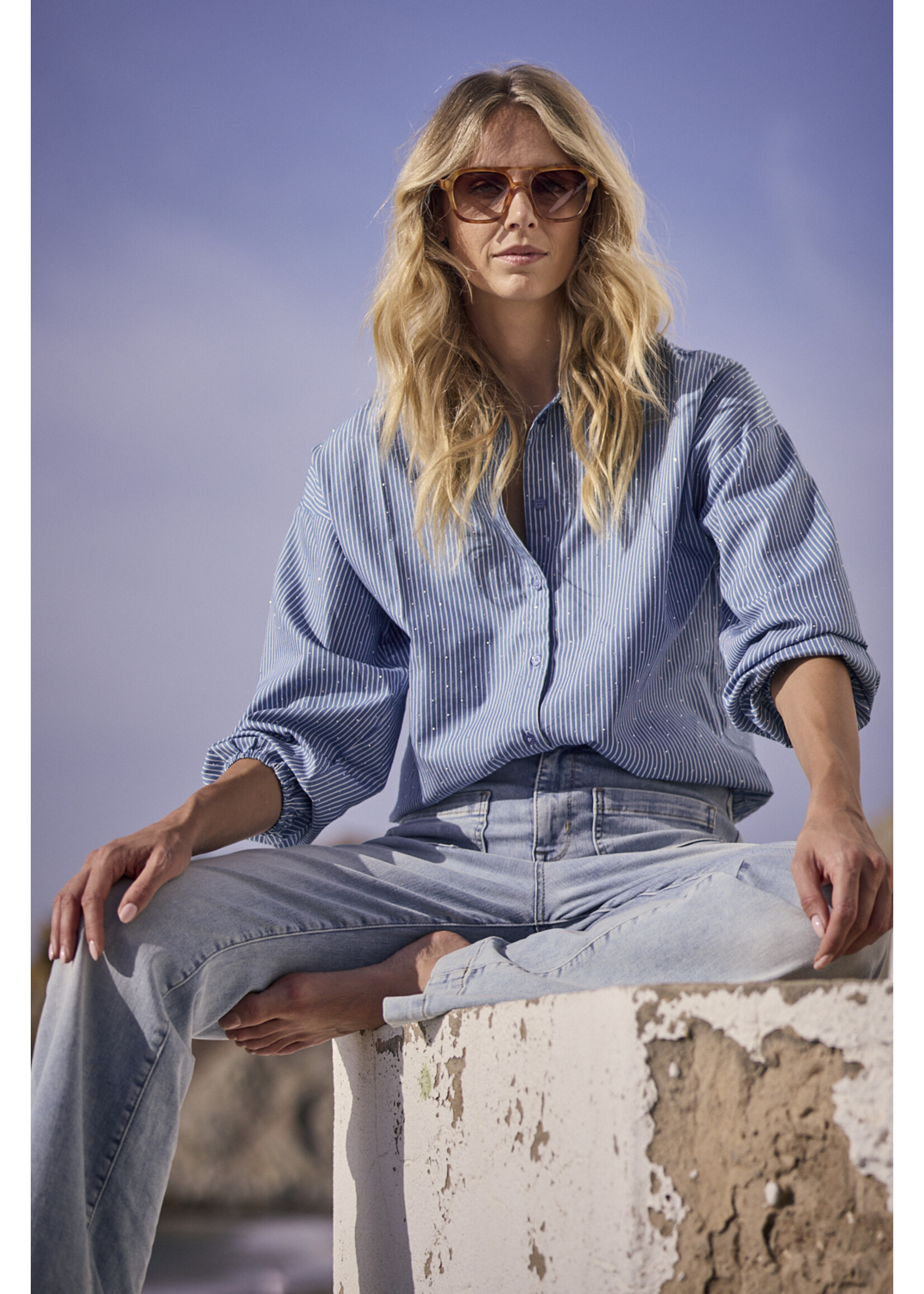 Tramontana STRIPED BLOUSE RHINESTONES MID BLUE C02-19-301