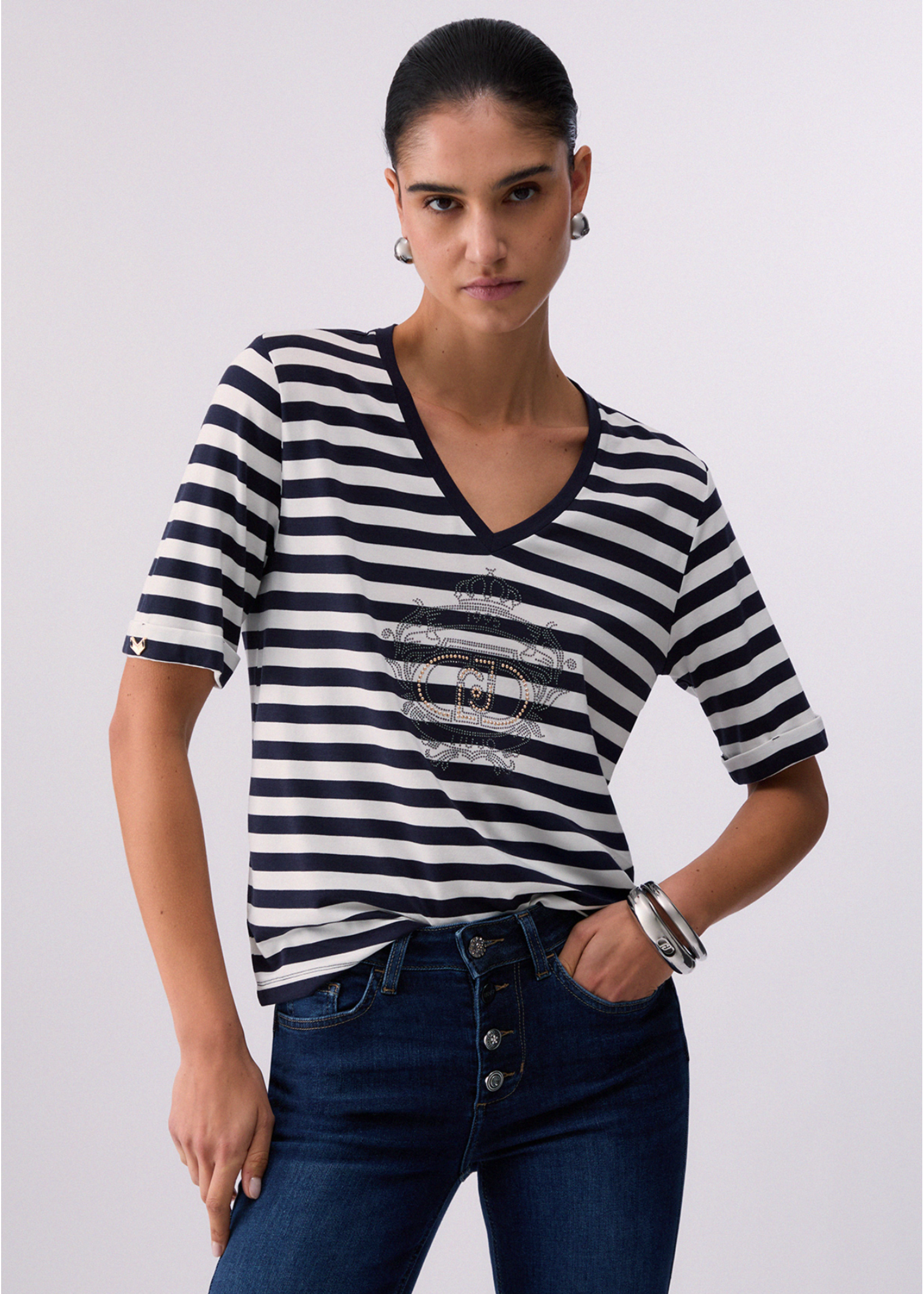 LIU JO JERSEY STRIPES TSHIRT WHITE MILK/BLUE TA6206-JS005