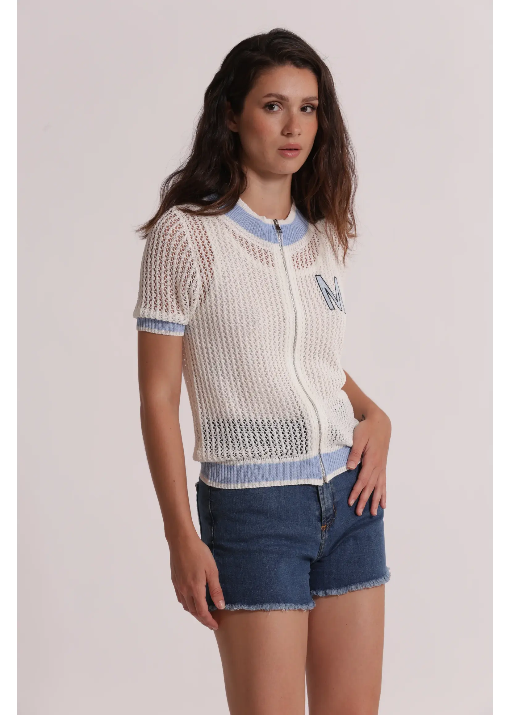 MIMI MUA VEST CROCHET WITH ZIP WHITE/BLUE AFAO-3774
