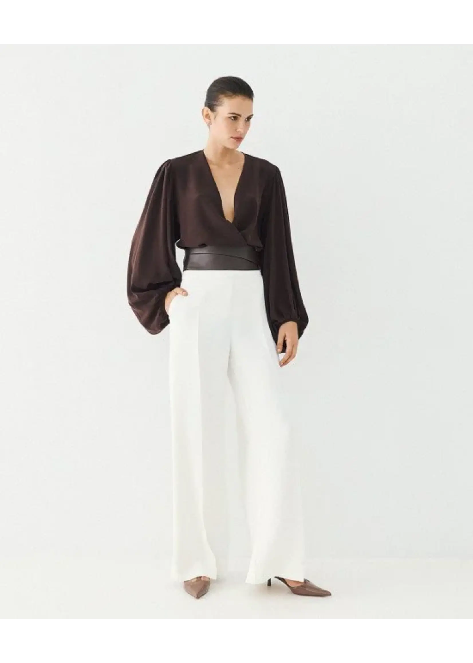 ACCESS ABEE WRAP BLOUSE WITH PUFF SLEEVE COFFEE 64-2019-125
