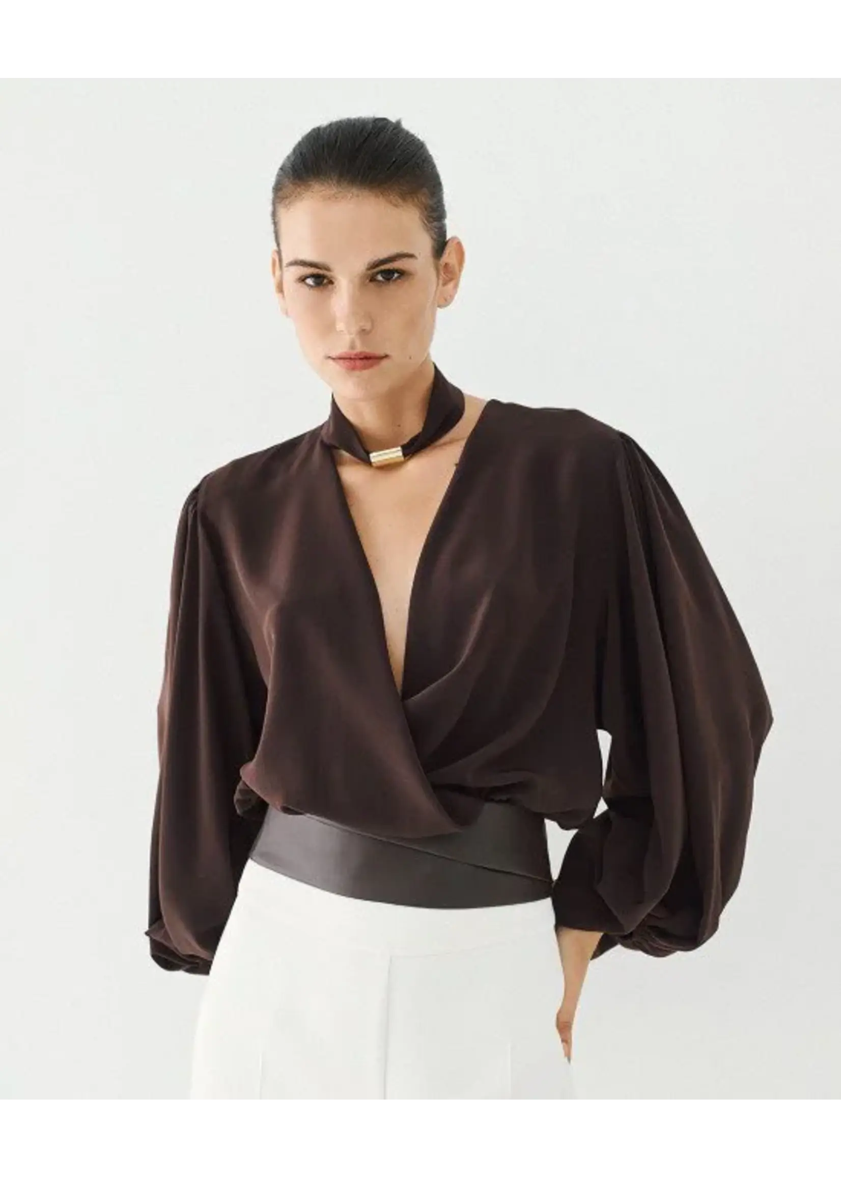 ACCESS ABEE WRAP BLOUSE WITH PUFF SLEEVE COFFEE 64-2019-125