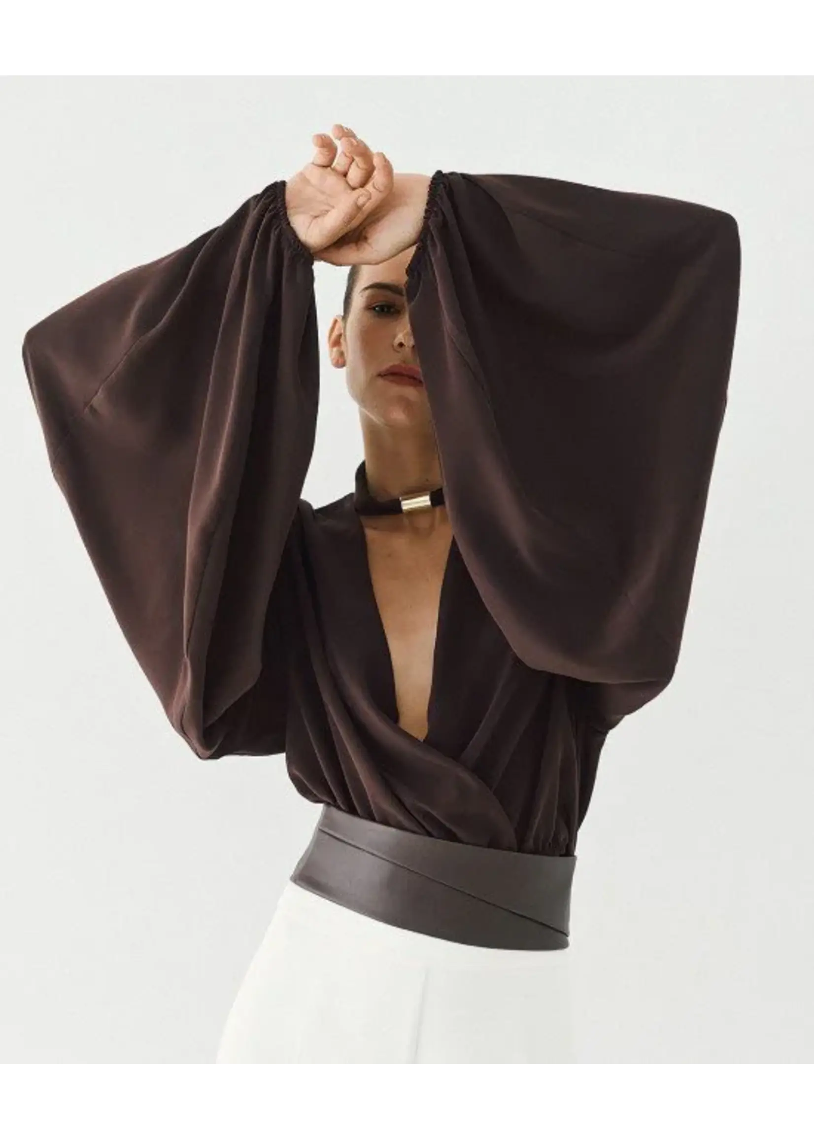 ACCESS ABEE WRAP BLOUSE WITH PUFF SLEEVE COFFEE 64-2019-125