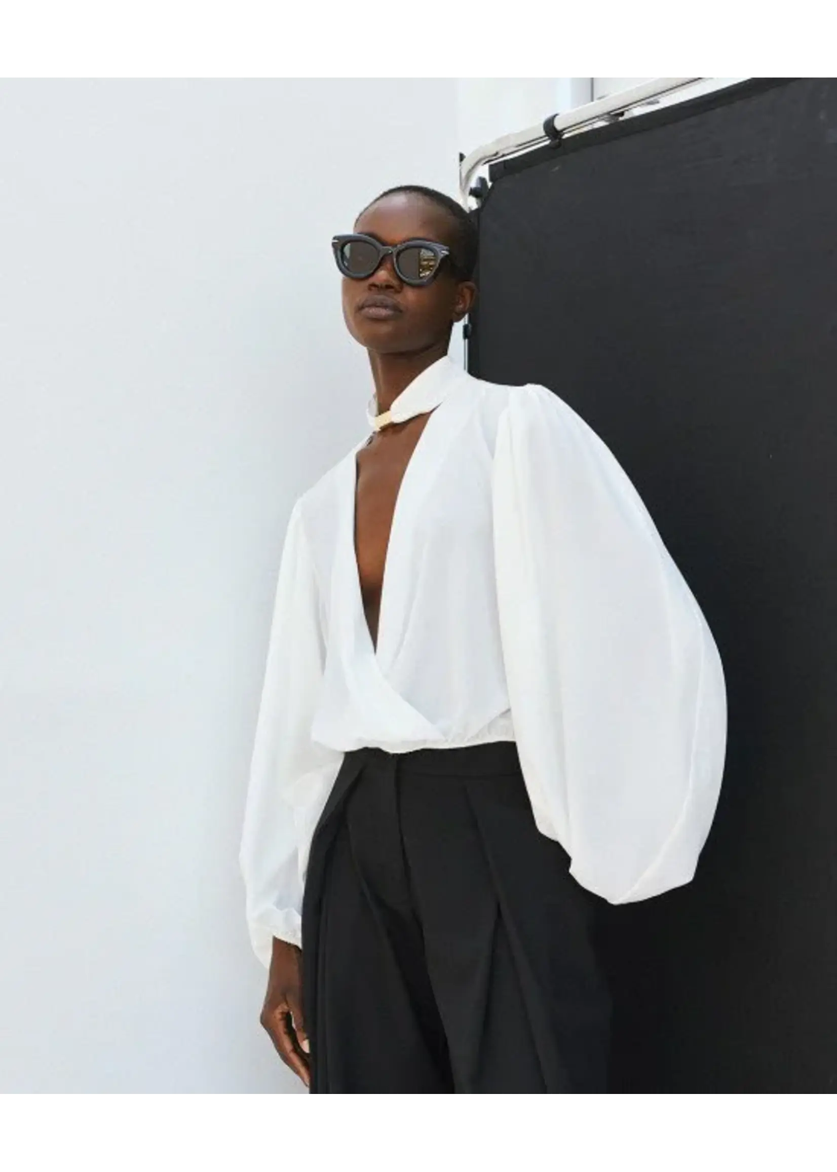 ACCESS ABEE WRAP BLOUSE WITH PUFF SLEEVE WHITE 64-2019-125