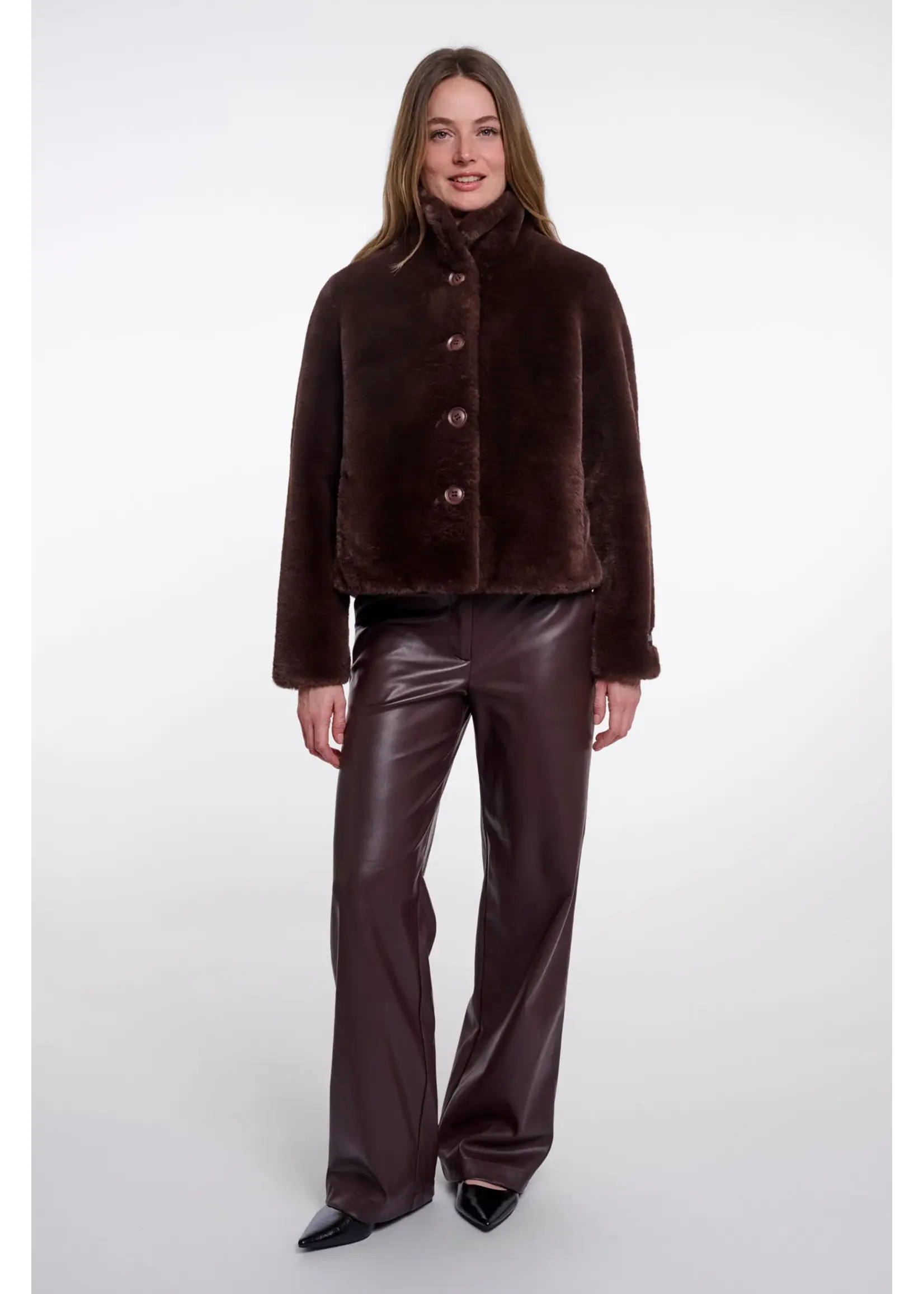 RINO & PELLE SINGLE BREASTED FAUX FUR JACKET COFFEE ROAST VIE.7002611