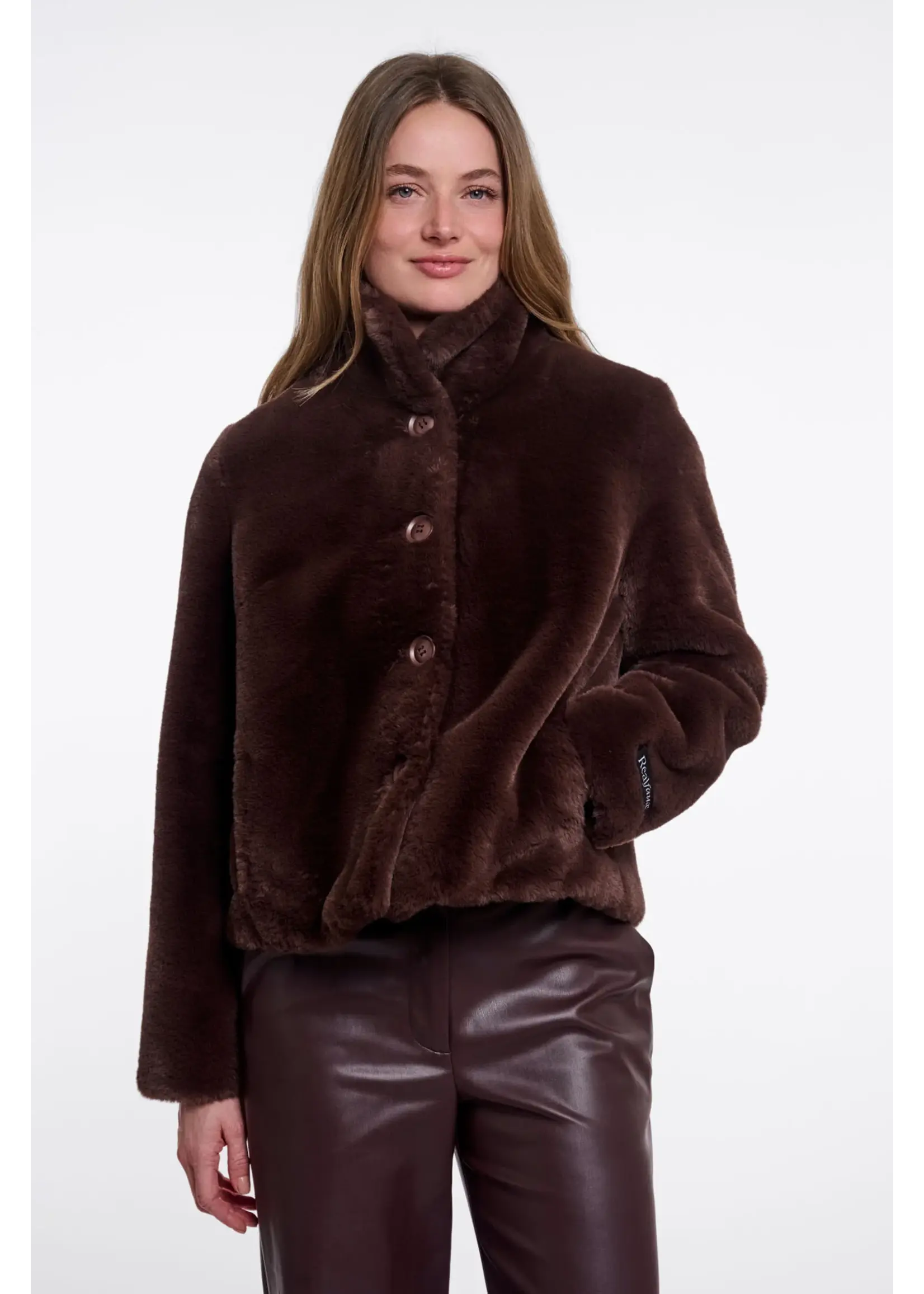 RINO & PELLE SINGLE BREASTED FAUX FUR JACKET COFFEE ROAST VIE.7002611