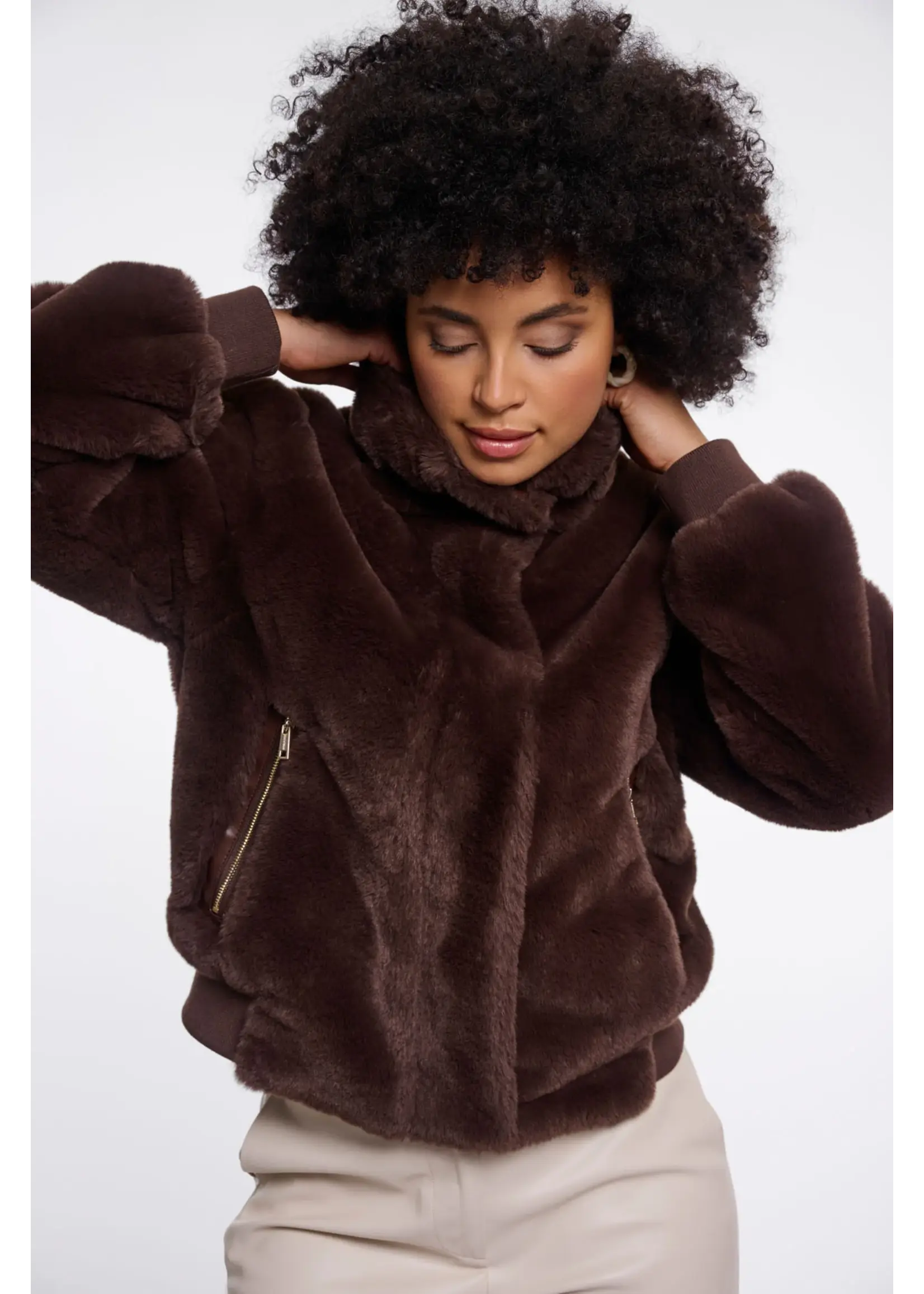 RINO & PELLE SHORT FAUX FUR JACKET COFFEE ROAST AMBRA.7002611