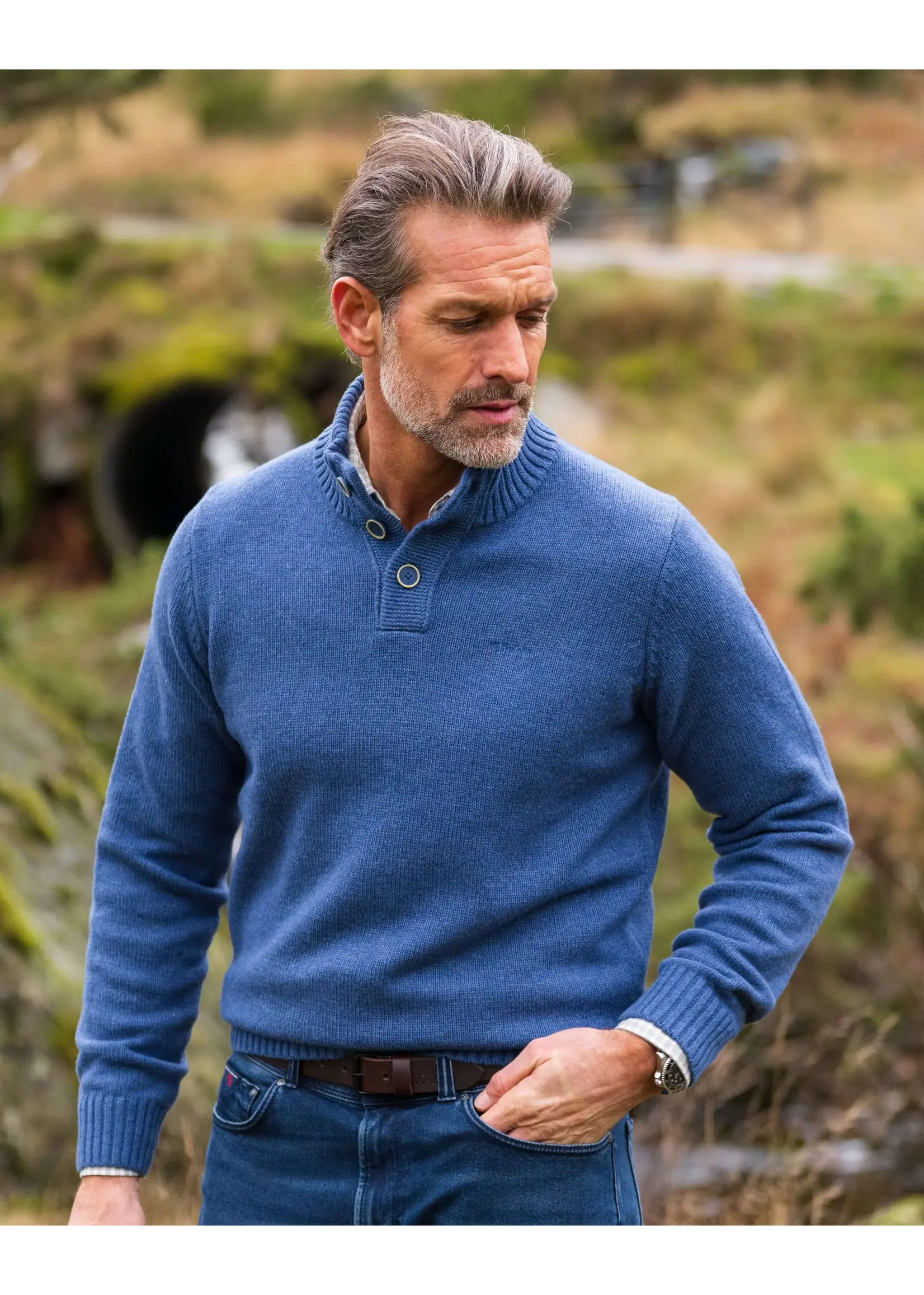 NEW ZEALAND AUCKLAND PULLOVER BUTON COLLAR BLUE MELANGE 26HN419/2674
