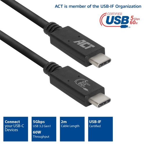 ACT AC7402 USB-kabel 2 m USB 3.2 Gen 1 (3.1 Gen 1) USB C Zwart