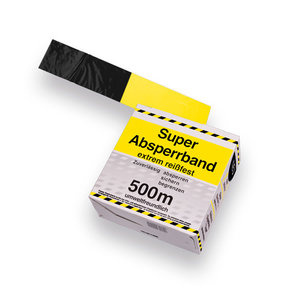 Afzetband 500 meter lang, 8 cm breed, geel/zwart, versterkt
