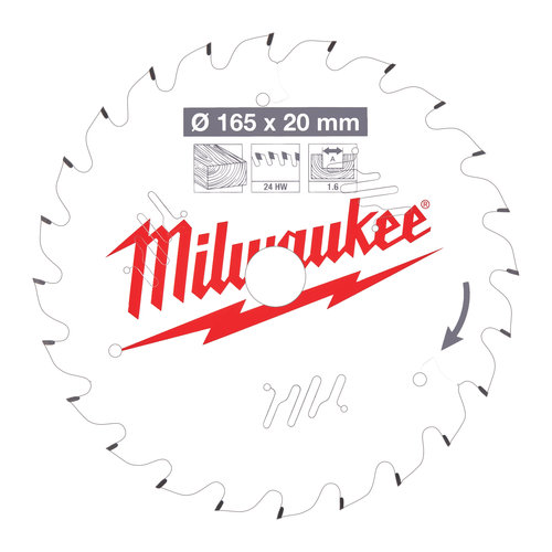Milwaukee Cirkelzaagblad hout 165 x 20 x 1.6 Thin Kerf ATB 24T +15°