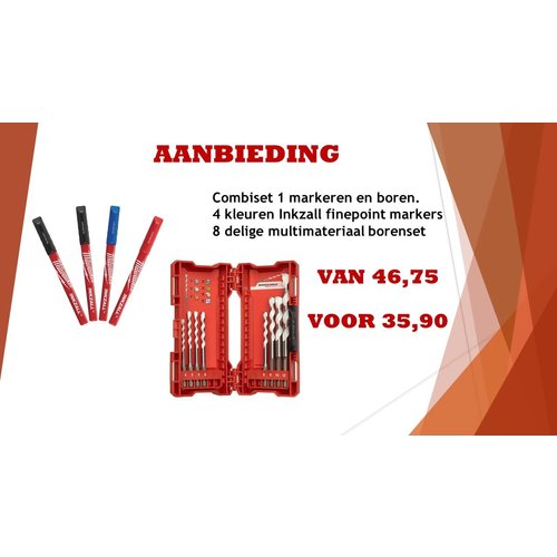 Milwaukee aanbieding combiset 1 markeren en boren multimateriaal Milwaukee aanbieding combiset 1 markeren en boren multimateriaal