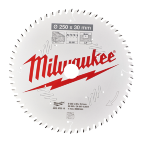 Milwaukee Cirkelzaagblad hout 250 x 30 x 2,8 ATB 60T +15°