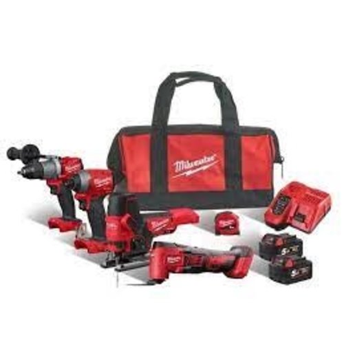Milwaukee M18 FPP4F2-502B M18 FUEL powerpack (M18FPD2, M18FID2, M18 FBJS, M18 BMT, 2 x M18B5 accu, M12-18FC lader, 5m Slim Tape, contractor bag)