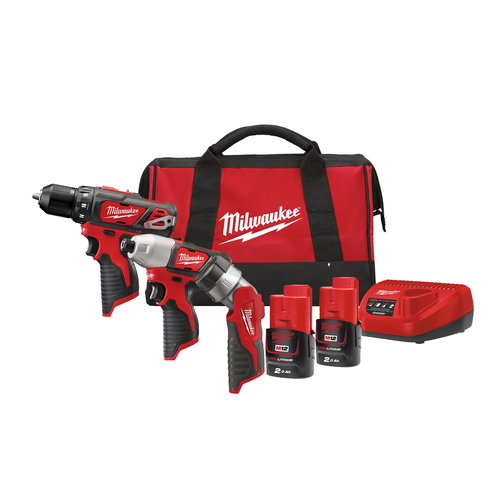 Milwaukee M12 BPP3A-202B M12 powerpack (M12 BDD, M12 BID, C12 T, 2 x 2,0 Ah accu, 30 min. lader, contractor bag)