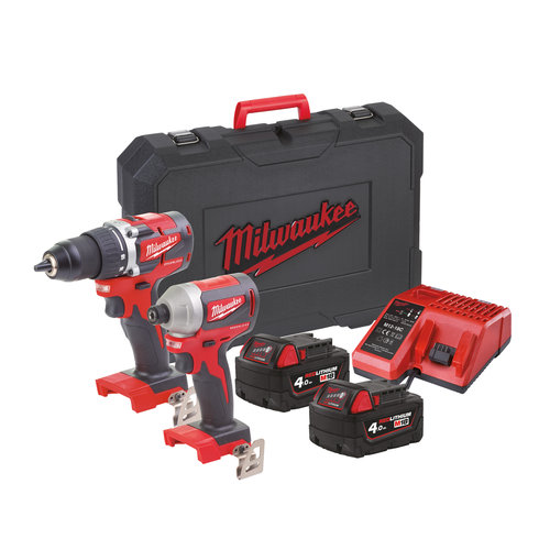 Milwaukee M18 CBLPP2B-402C  M18 compacte koolborstelloze powerpack (M18 CBLID, M18 CBLDD, 2xM18B4 accu, M12-18C lader)