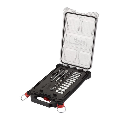 Milwaukee Metrische 1/4ratel + doppen set (28-delig) in PACKOUT compact slim organiser