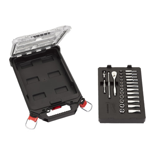 Milwaukee Metrische 1/4ratel + doppen set (28-delig) in PACKOUT compact slim organiser