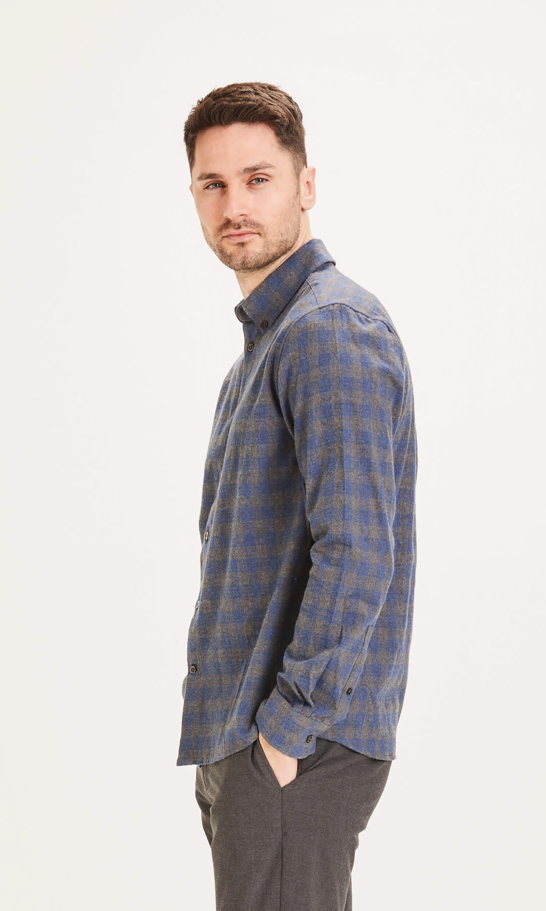 KnowledgeCotton Apparel KnowledgeCotton, Larch Checked Shirt, dark grey melange, M