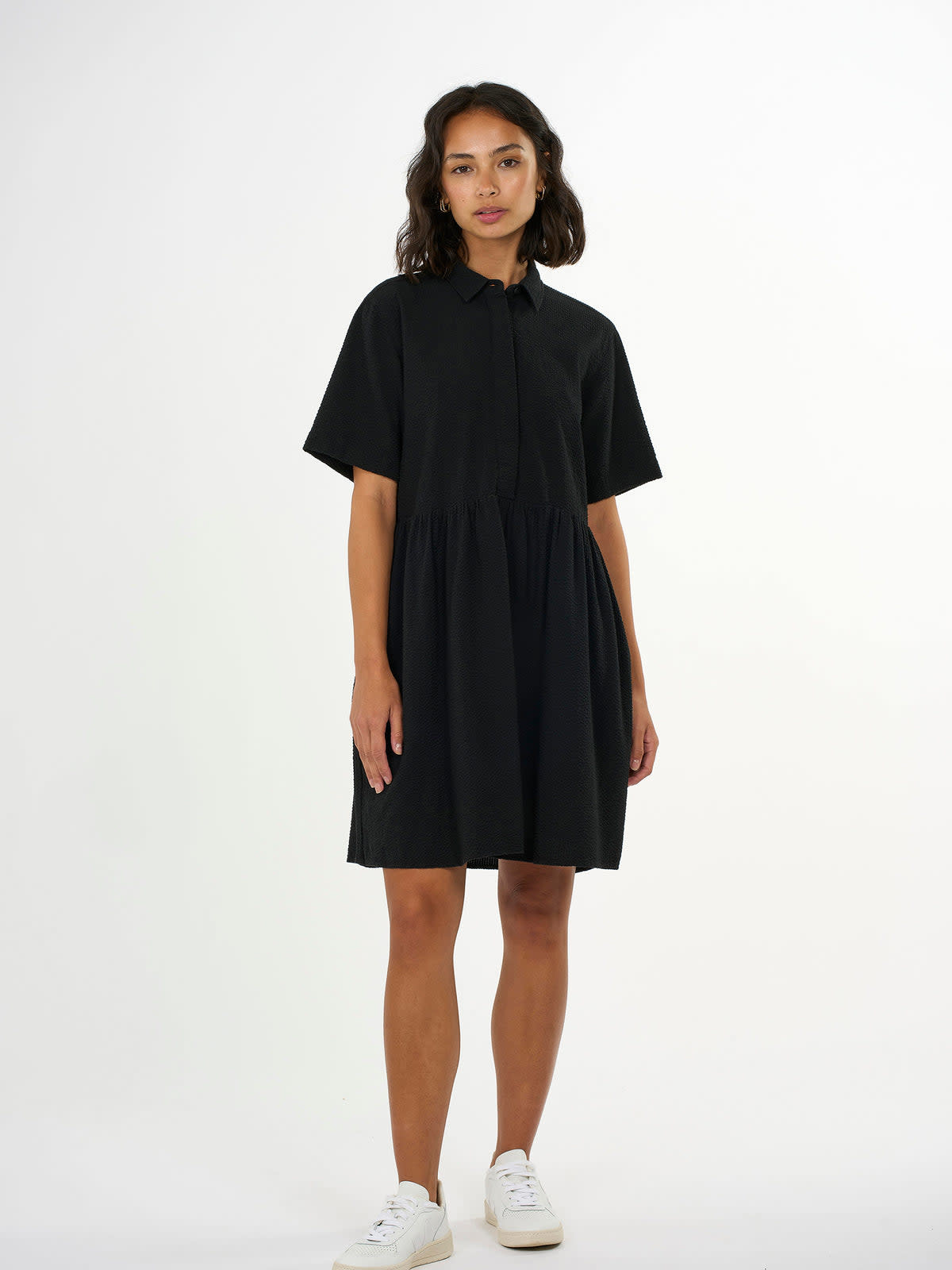 KnowledgeCotton Apparel KnowledgeCotton, Seersucker short shirt Dress, black jet, L