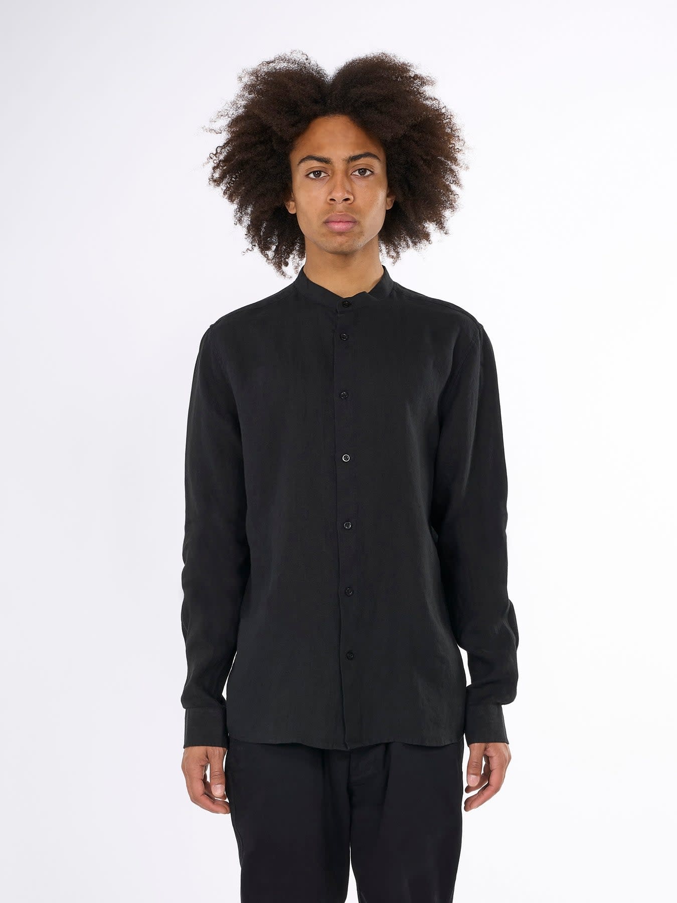 KnowledgeCotton Apparel KnowledgeCotton, Regular Linen Stand Collar Shirt, black jet, L