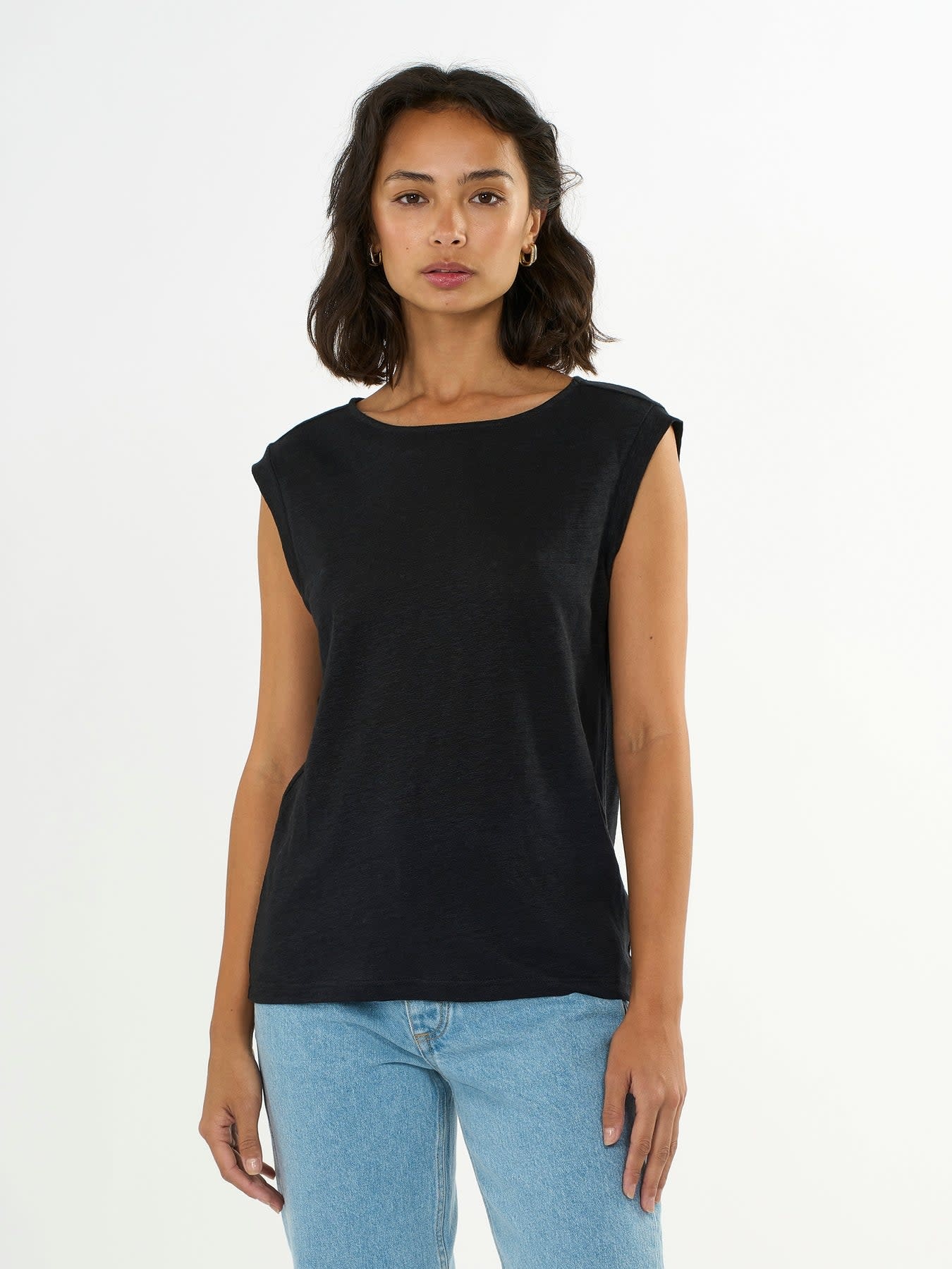 KnowledgeCotton Apparel KnowledgeCotton, Loose Fold Up Linen T-Shirt, black jet, L