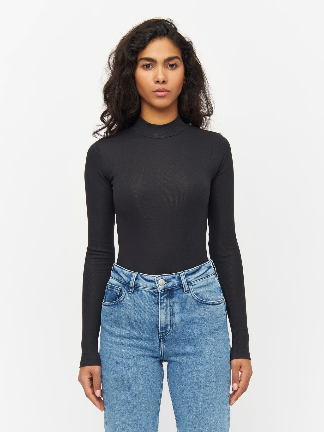 KnowledgeCotton Apparel KnowledgeCotton, Rib High Neck Long Sleeved, black jet, S