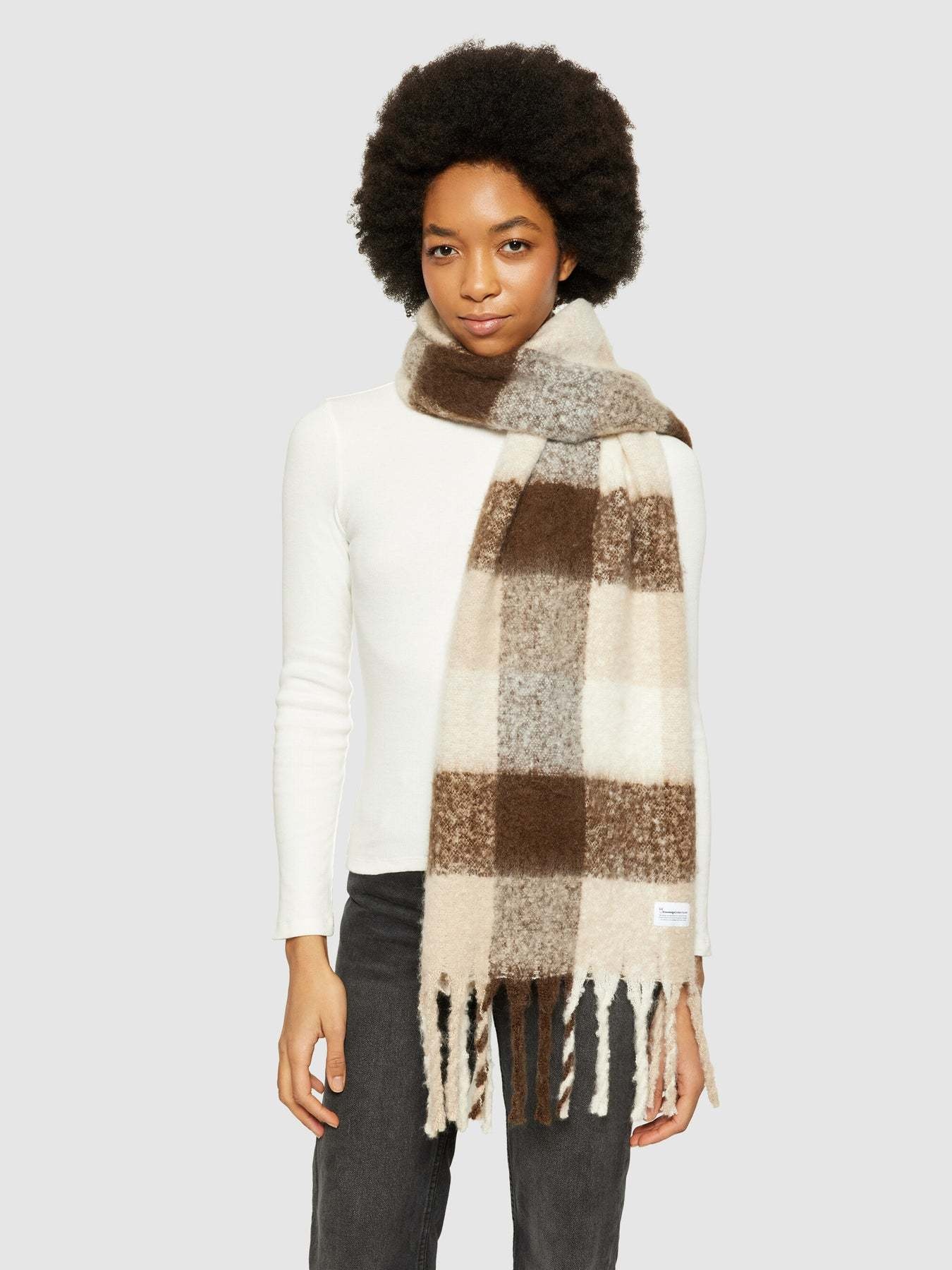 KnowledgeCotton Apparel KnowledgeCotton, Recycled Fringe Scarf, brown check, one size