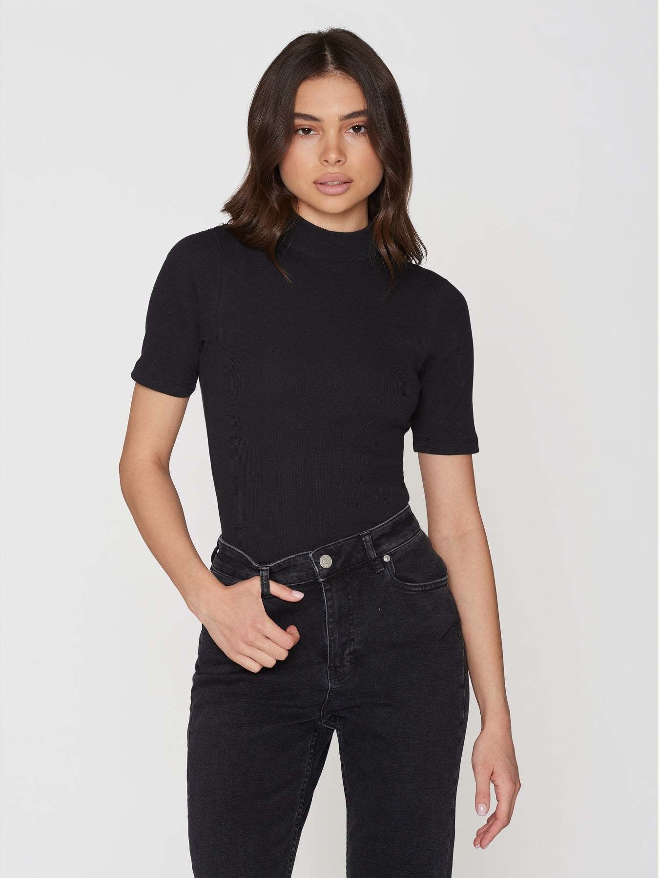 KnowledgeCotton Apparel KnowledgeCotton, Rib High Neck SS, black jet, L