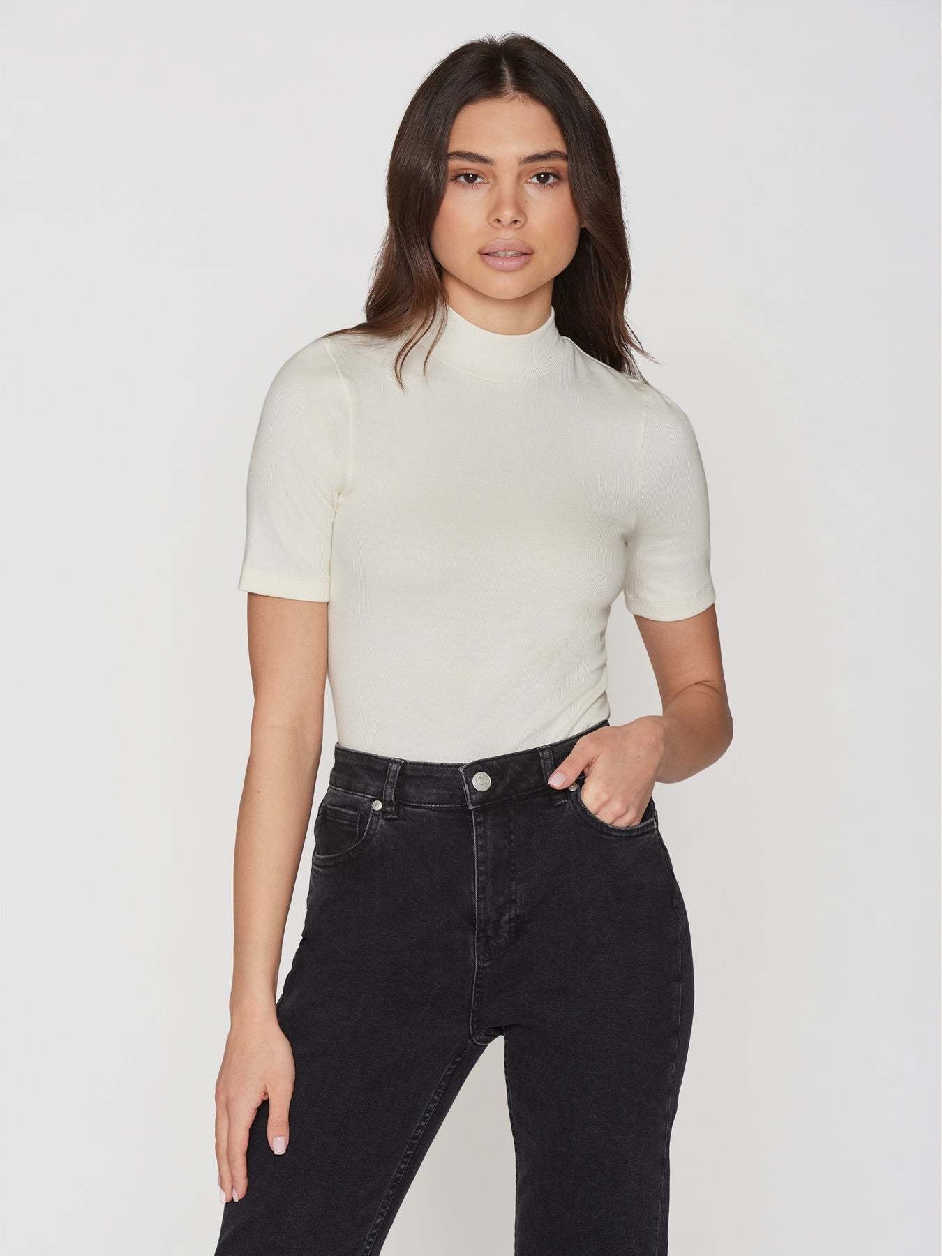 KnowledgeCotton Apparel KnowledgeCotton, Rib High Neck SS, star white, L