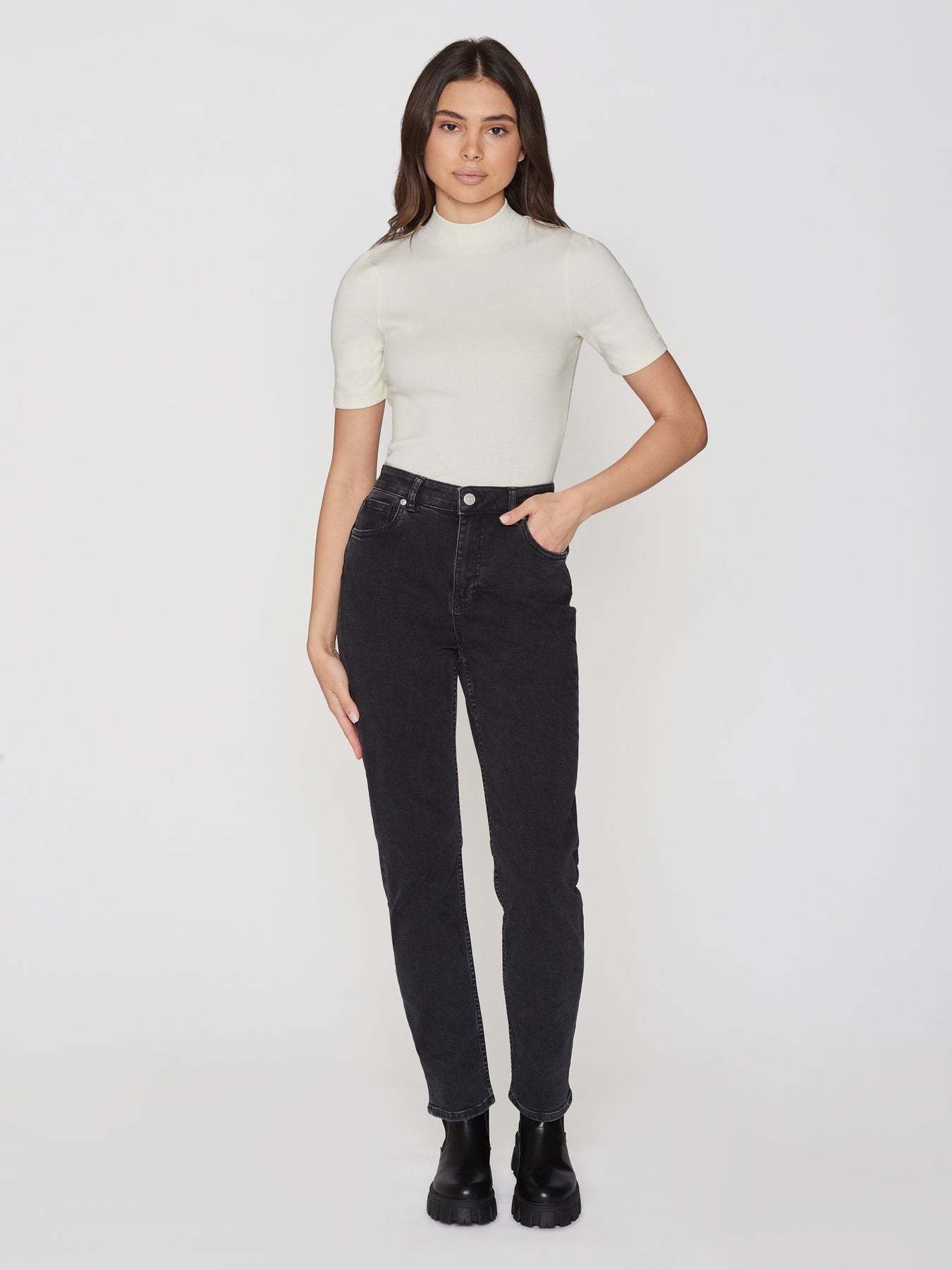 KnowledgeCotton Apparel KnowledgeCotton, Rib High Neck SS, star white, L