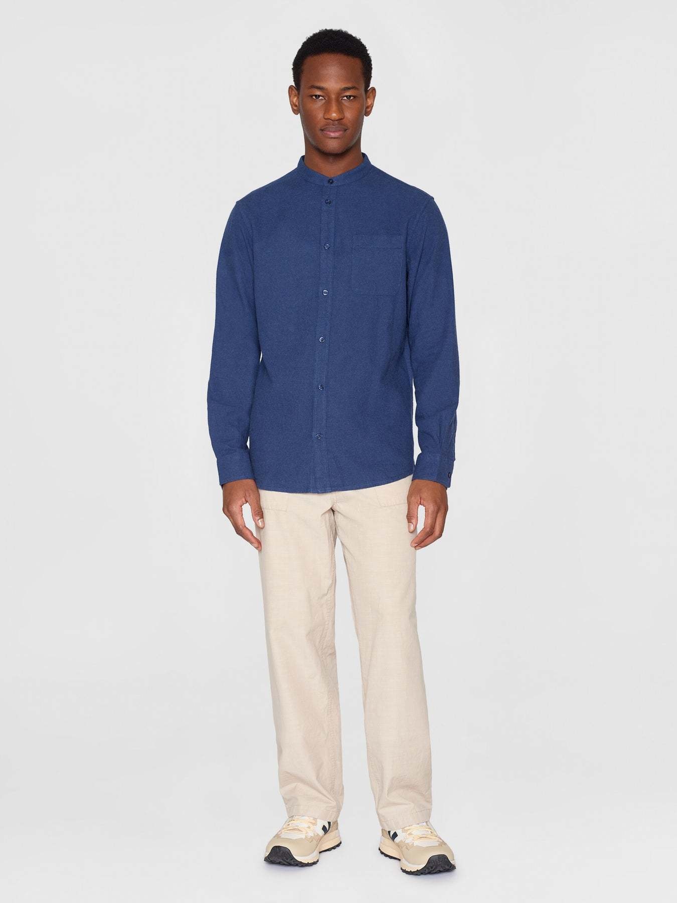 KnowledgeCotton Apparel KnowledgeCotton, Melange Flannel Shirt Stand Collar, estate blue, L