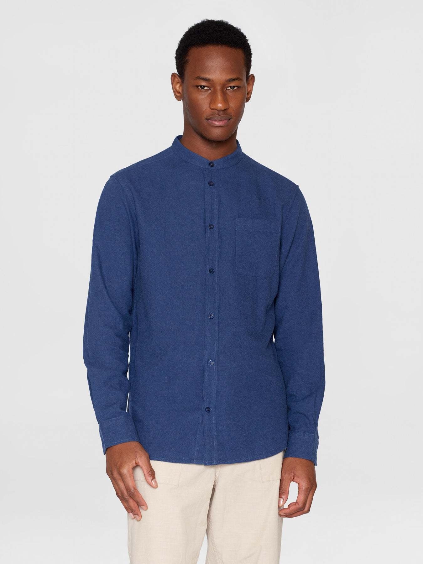 KnowledgeCotton Apparel KnowledgeCotton, Melange Flannel Shirt Stand Collar, estate blue, M