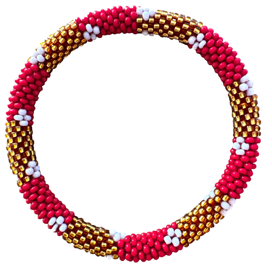 Maison Kizo Maison Kizo, Bracelet Népalais, rouge/or/fleurs blancs