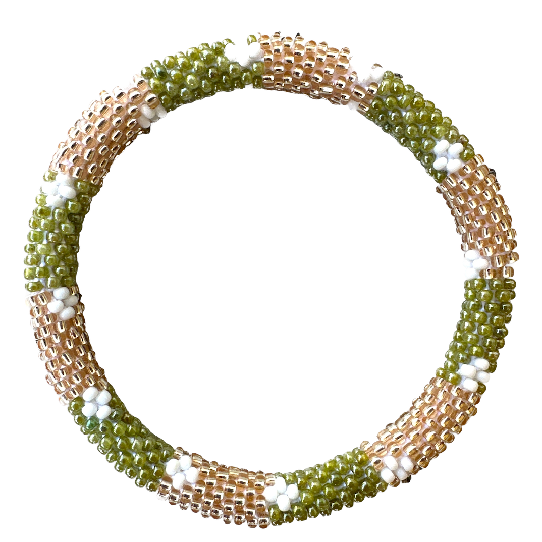 Maison Kizo Maison Kizo, Bracelet Népalais, vert clair/or/fleurs blancs