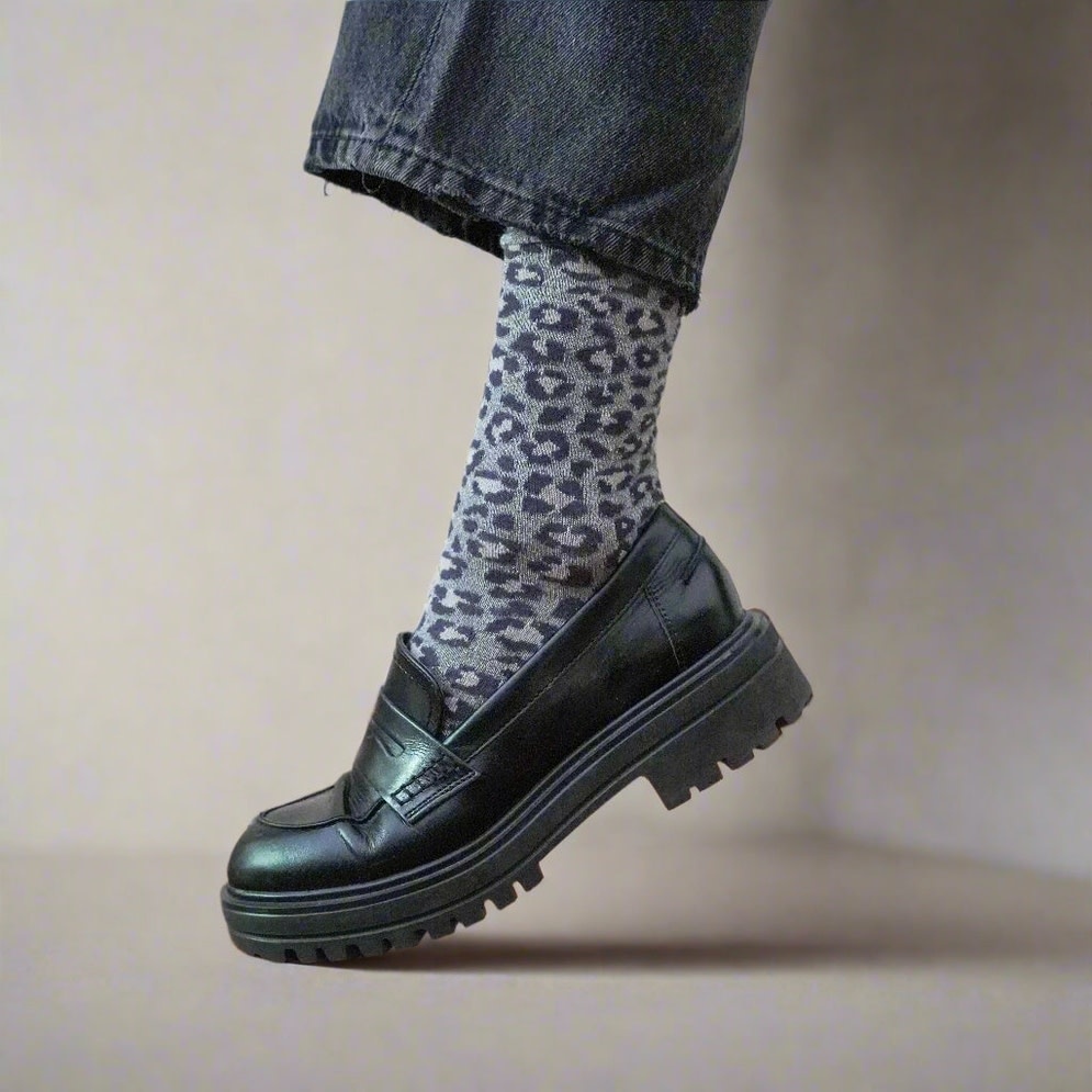 KLUE KLUE, Glitter Lurex Socks, leopard grey, 36-40
