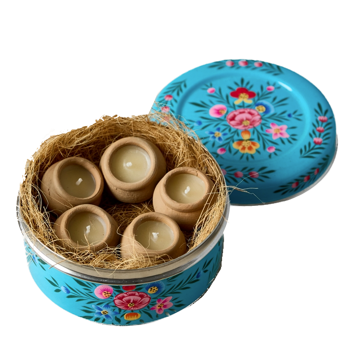 Dalit Goods Co Dalit Goods, Handbemalter Behälter mit 5 Dalit-Kerzen, blau