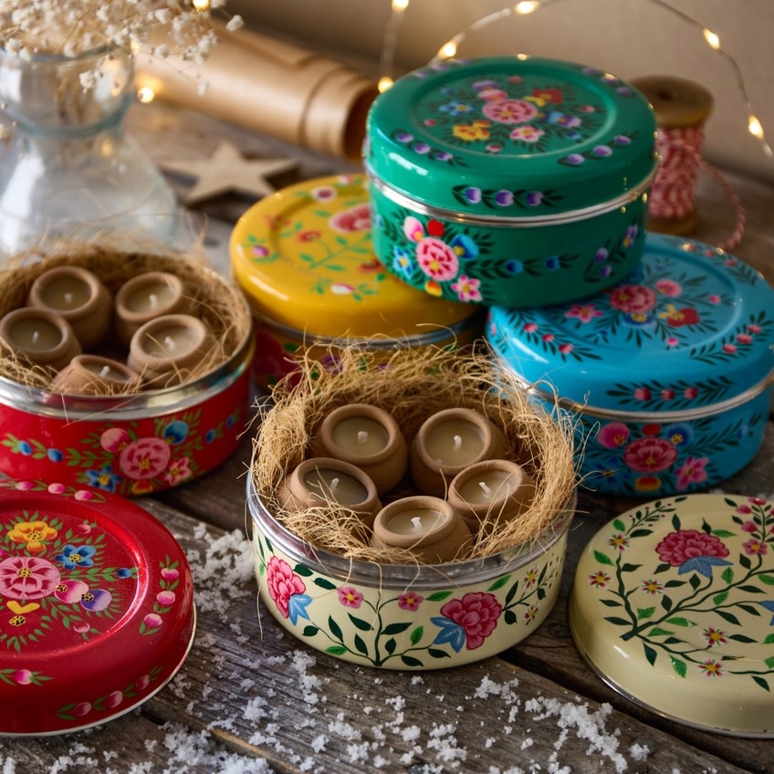 Dalit Goods Co Dalit Goods, Handbemalter Behälter mit 5 Dalit-Kerzen, blau